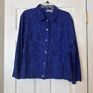 Chicos Size 3 Royal Purple Embossed Cotton Rayon Jacke Button Up 2 Front Pocket